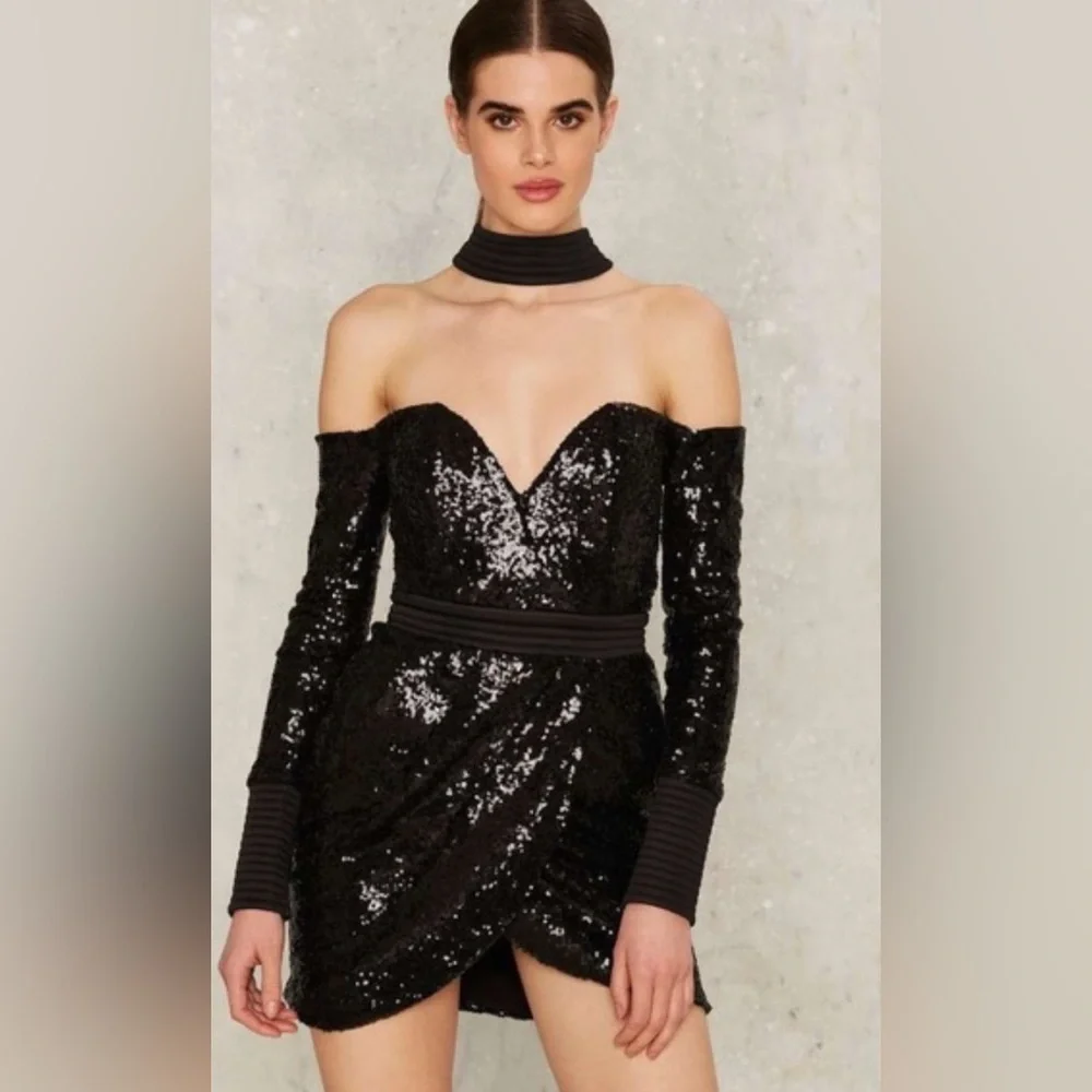 Zhivago Revolve Black Sequin Off-Shoulder Mini Dress‎ US 6